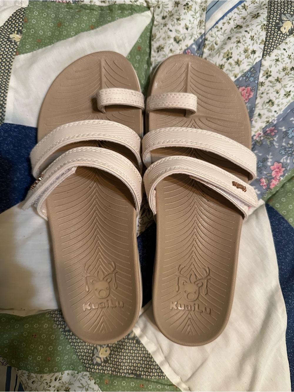 KuaiLu Women's Neutral Triple-Strap Slide Sandals - Light Beige